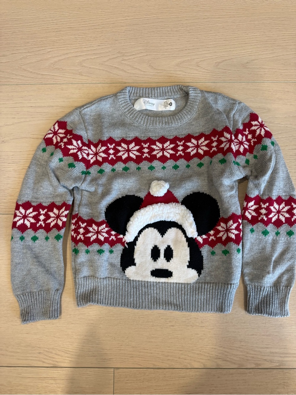 Disney Kids’ Gray Mickey Holiday Crewneck Sweater with Red & Green Accents | 4T